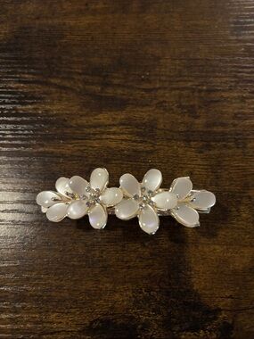 White Floral Pave Crystal Barrette Hair Clip